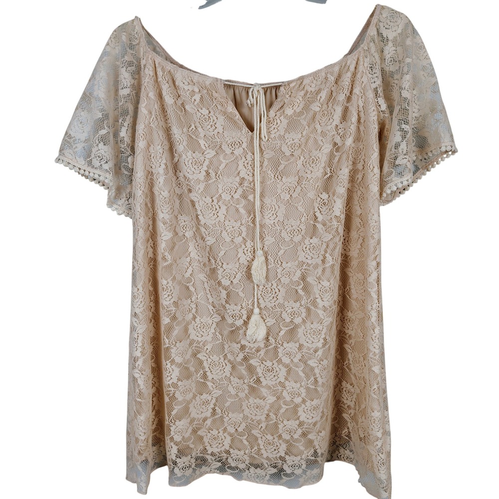 Solemio Womens S Lace Off Shoulder Tassel Top Cream Floral Boho Coquette